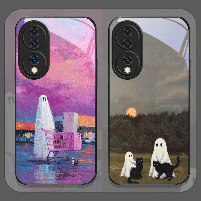 Huawei Mate 60 - かわいい漫画の黒猫ゴースト柄強化ガラス製スマホケース Huawei Nova 13 Pro 12