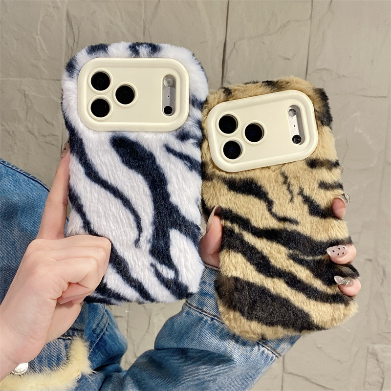 Apple Iphone 15 - 豪華なゼブラ柄ふわふわプラッシュスマホケース iPhone 17 Air 16 15
