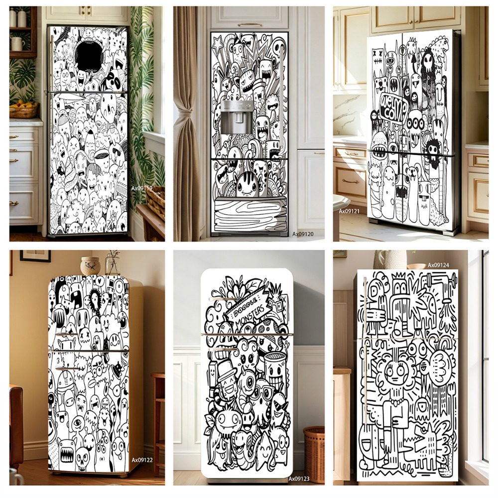 黒白ラインアート落書きモンスター冷蔵庫ステッカーフルドアカバ - Full Cover Adhesive のレビューと価格