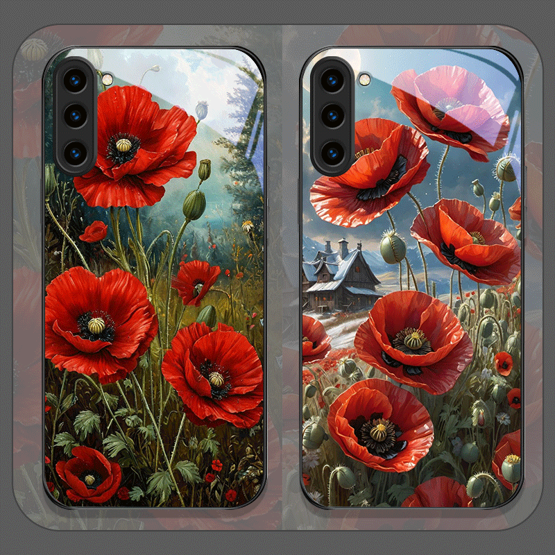 レトロなポピーの花柄、ホットレッドプリントの強化ガラス製スマ - Samsung Galaxy S24 のレビューと価格