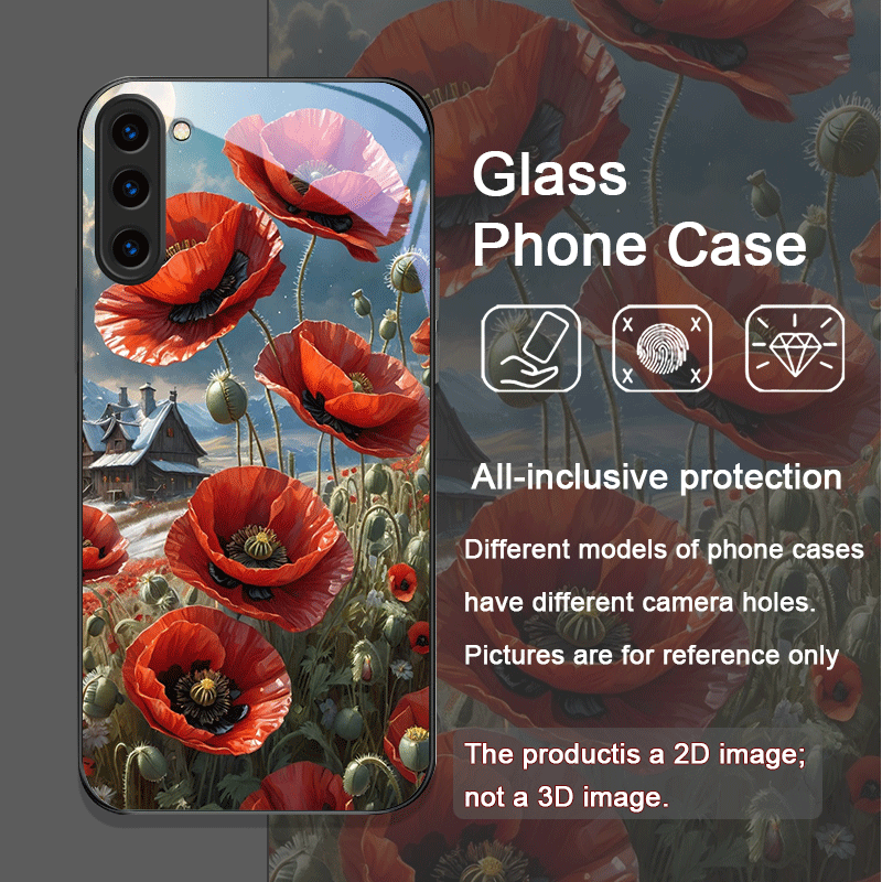 レトロなポピーの花柄、ホットレッドプリントの強化ガラス製スマ - Samsung Galaxy S24 のレビューと価格